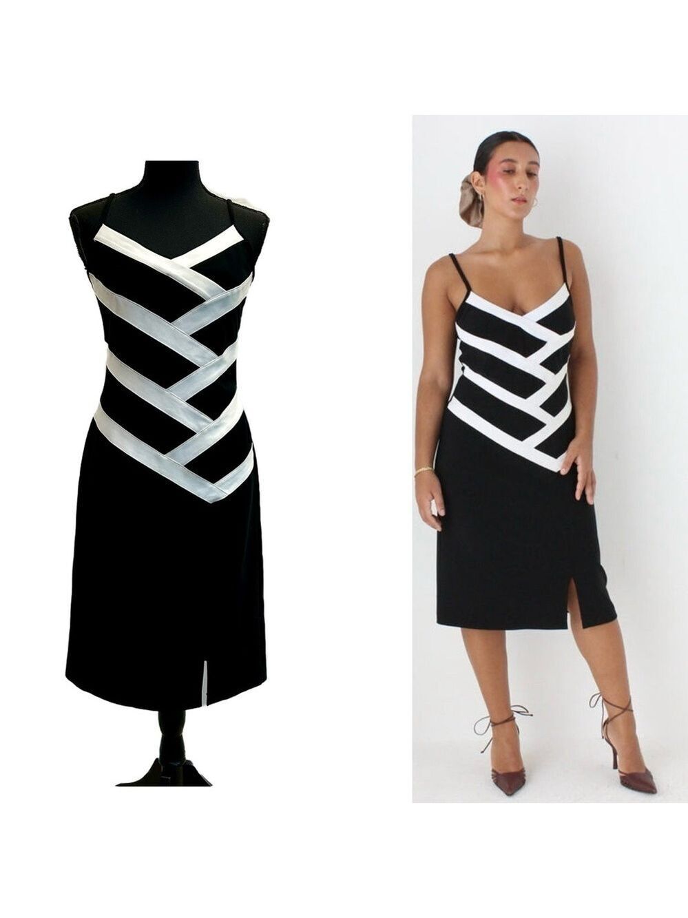 Joseph Ribkoff black white striped zigzag spaghetti strap bodycon midi dress 8